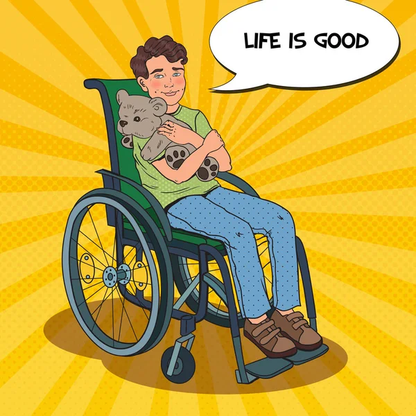 Инвалид. Улыбающийся мальчик сидит в инвалидном кресле. Векторная иллюстрация Pop Art — стоковый вектор