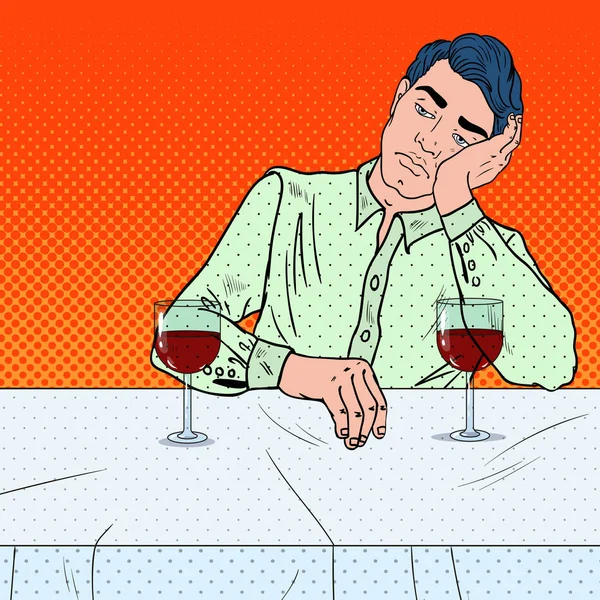 Hombre triste solo bebiendo vino en el restaurante. Ilustración del vector Pop Art — Vector de stock