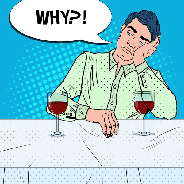 Δυστυχισμένος μόνος άνθρωπος πίνει κρασί στο εστιατόριο. Ραγισμένη καρδιά. Εικονογράφηση διάνυσμα Pop Art — Διανυσματικό Αρχείο