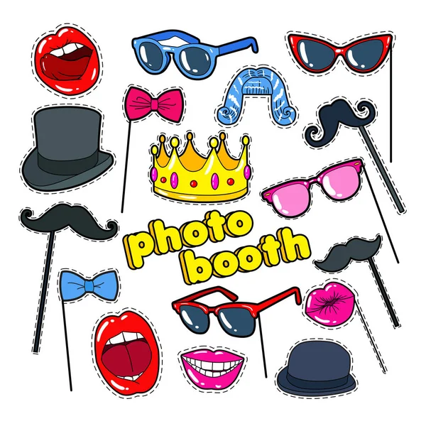 Photo Booth rekvizity s rty, klobouk a brýle. Party dekorace odznaky, opravy a nálepky. Vektorové ilustrace — Stockový vektor