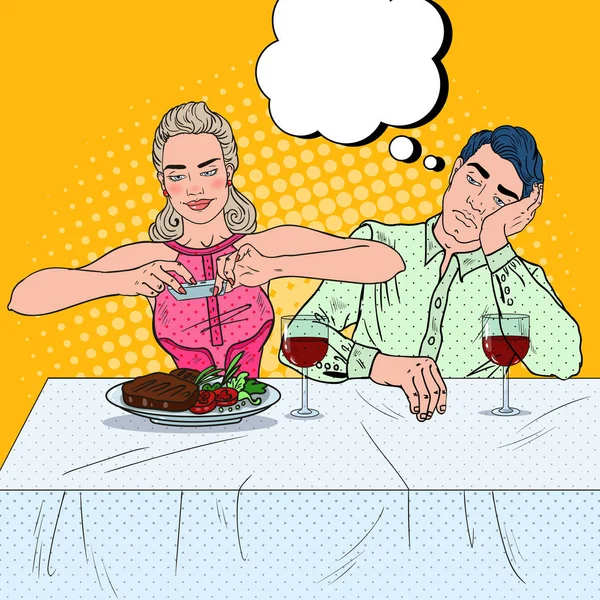 Couple Having Dinner in Restaurant. Woman Taking Photo of Food. Pop Art vector illustration — Stock Vector