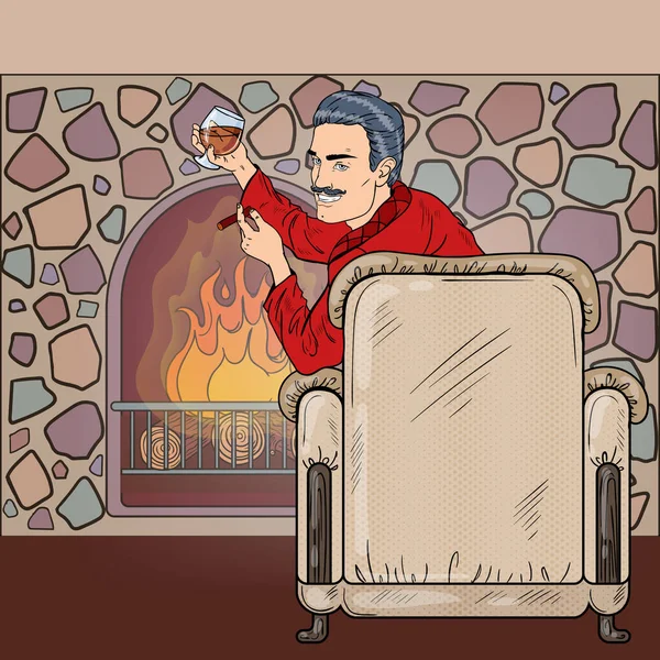 Hombre rico con cigarro bebiendo vino cerca de la chimenea. Ilustración del vector Pop Art — Vector de stock