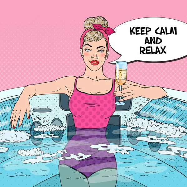 Pretty Woman Bere champagne e rilassarsi nella vasca idromassaggio. Illustrazione vettoriale Pop Art — Vettoriale Stock
