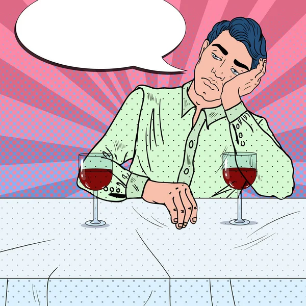 Hombre triste solo bebiendo vino en el restaurante. Corazón roto. Ilustración del vector Pop Art — Archivo Imágenes Vectoriales