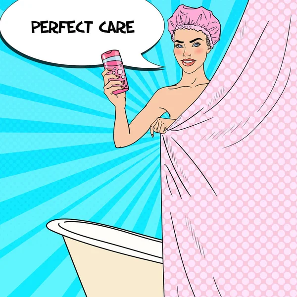 Pretty Woman in Bathroom Holding Shower Gel. Perawatan Kulit. Ilustrasi vektor Seni Pop - Stok Vektor