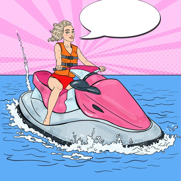 Szép nő, a Jet-Ski. Vízi sportok. Pop-Art vektoros illusztráció — Stock Vector