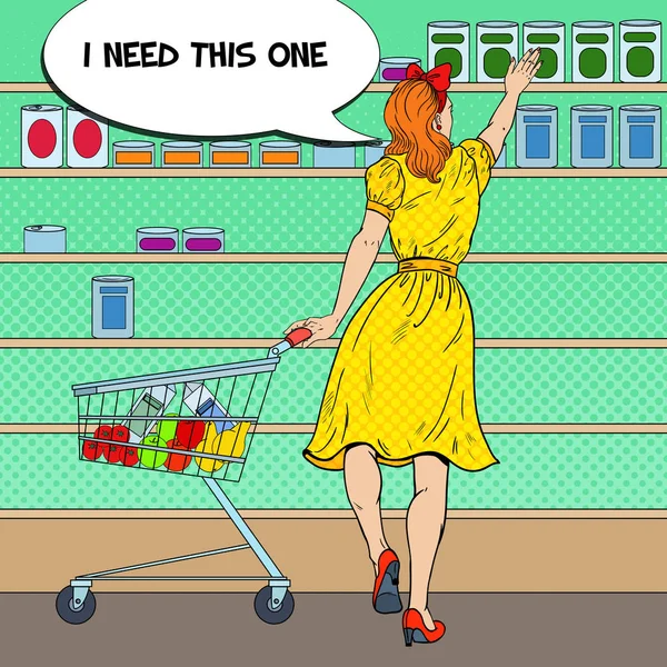 Donna Shopping al Supermercato con Carrello Scegliere il Prodotto dallo Scaffale. Illustrazione vettoriale Pop Art — Vettoriale Stock