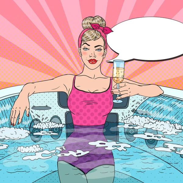 Donna che beve champagne e si rilassa nella vasca idromassaggio. Illustrazione vettoriale Pop Art — Vettoriale Stock