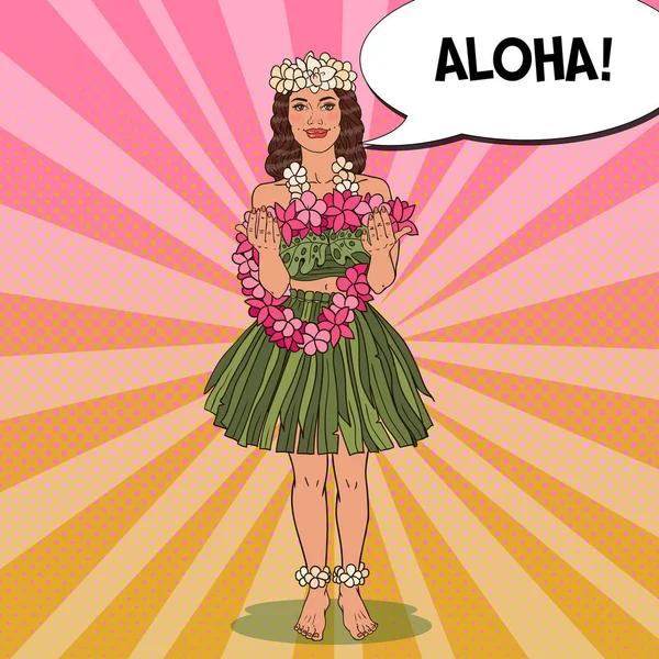 Schönes hawaiianisches Mädchen mit traditioneller tropischer Blumenkette. Pop Art Vektor Illustration — Stockvektor