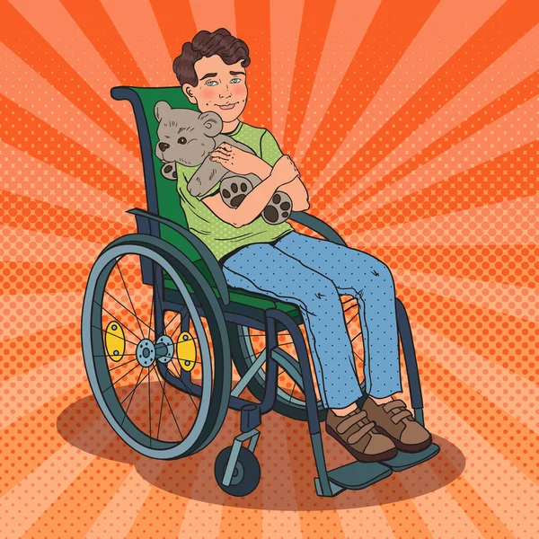 子を無効にします。障害を持つ少年が車椅子に座っています。ポップアートのベクトル図 — ストックベクタ