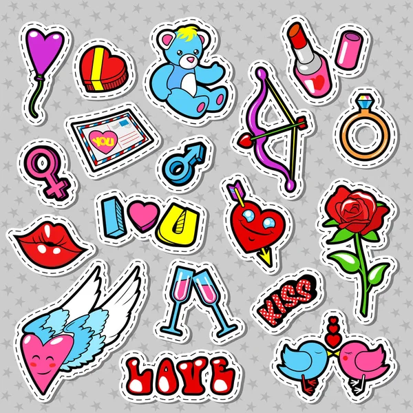 Láska a romantika Doodle se srdíčky, rty — Stockový vektor