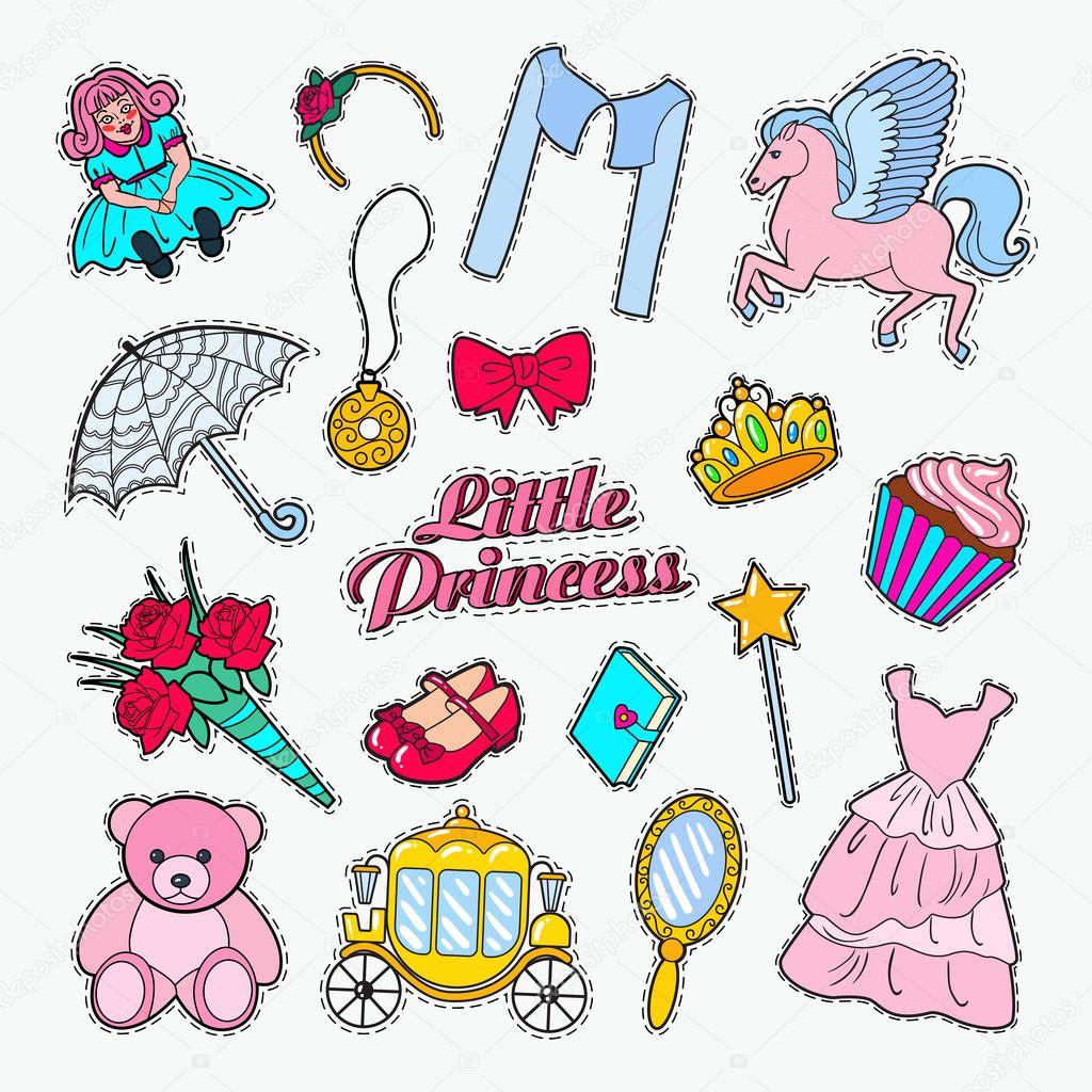 Little Princess Doodle. Set of Stickers, Badges