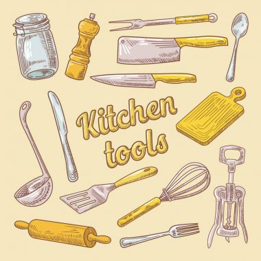 Mutfak eşyaları el çizilmiş Doodle yemek. Mutfak gereçleri
