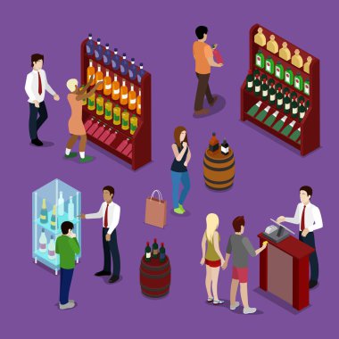 Alkol Dükkanı iç şarap şişeleri, müşteriler ile