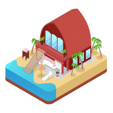 Jet Ski ile tropikal Bungalow. Beach izometrik