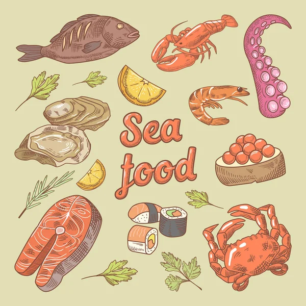 Sea Food Hand Drawn Doodle with Fish, Crab — Stock Vector