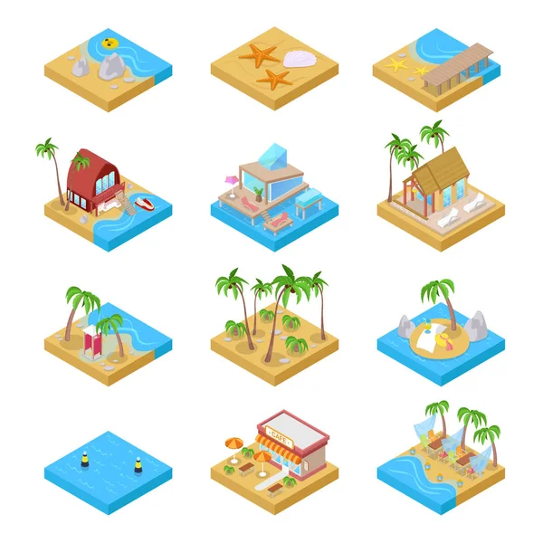 Collection vacances à la plage avec bungalow. Isométrique — Image vectorielle