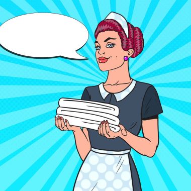 Kadın hizmetçi temiz havlu ile. Pop Art