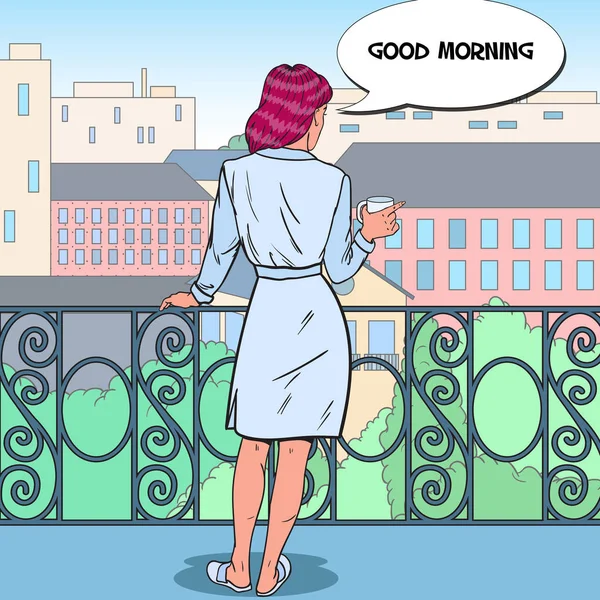 Femme buvant du café au Balcon. Pop Art — Image vectorielle
