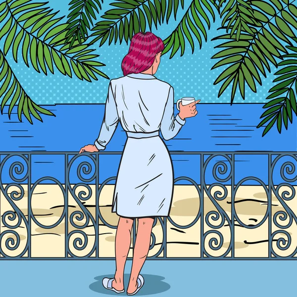 Mujer bebiendo café en el balcón. Arte pop — Archivo Imágenes Vectoriales