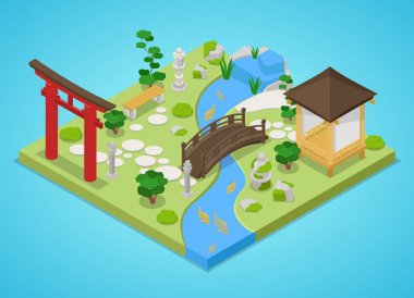 Köprü ve ağaçları ile geleneksel Japon bahçesi. İzometrik vektör düz 3d çizim