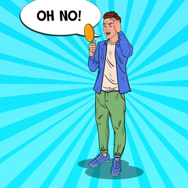 Pop Art genç adam şaşkın yüzünde sivilce hakkında. Cilt Bakımı. Vektör çizim