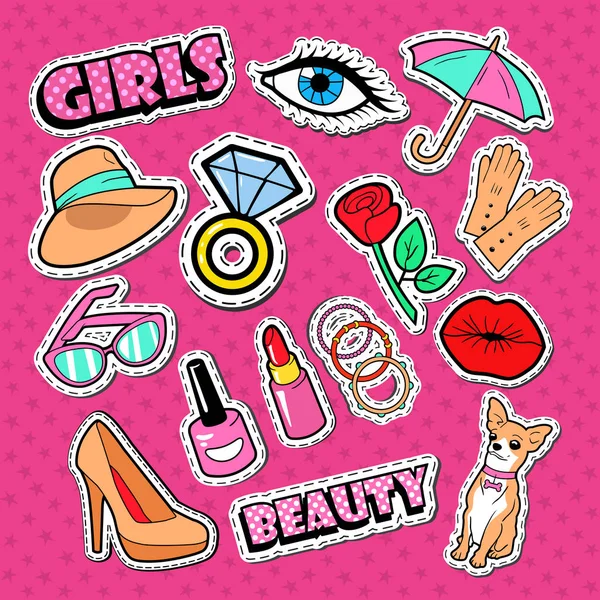 Woman Fashion Stickers, Badges and Patches. Girl Style Doodle with Diamond, Lips and Dog. Vector illustration — Stock Vector