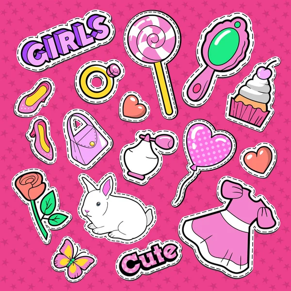 Bonito menina moda adesivos, remendos e emblemas. Doodle Girlish com corações, doces e cosméticos. Ilustração vetorial —  Vetores de Stock