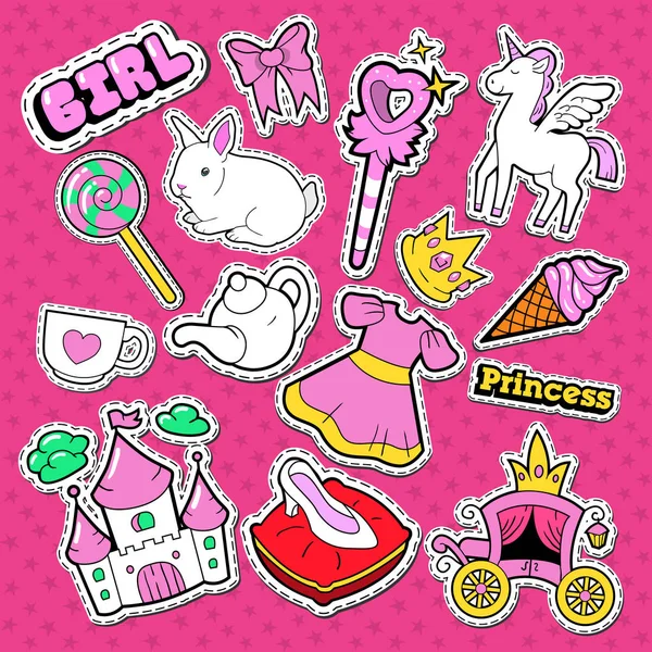 Pequeña Princesa Pegatinas, Insignias y Parches. Doodle para linda chica con unicornio, corona y piruleta. Ilustración vectorial — Archivo Imágenes Vectoriales