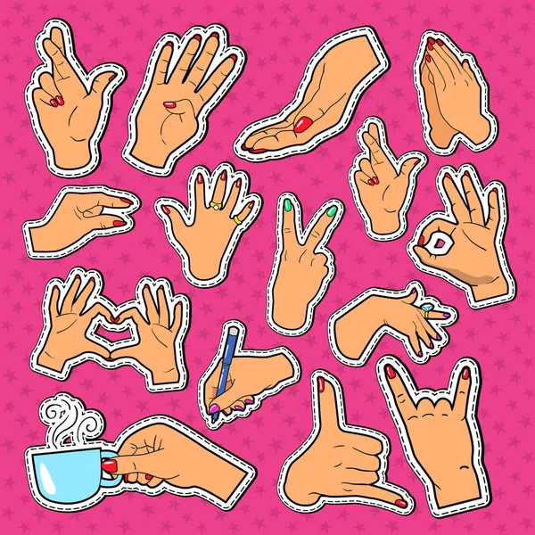 Kobieta ręce, naklejki, znaczki i poprawki. Ręka gestem różne znaki. Wektor ładny — Wektor stockowy