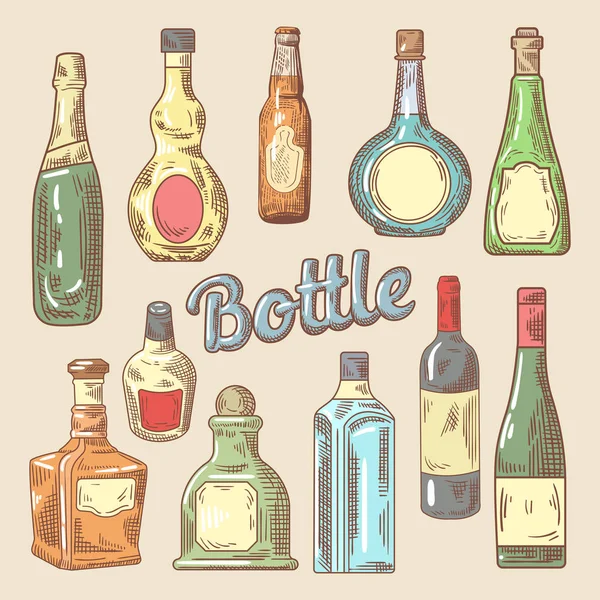 Conjunto desenhado à mão de diferentes garrafas para bebidas. Vector Doodle —  Vetores de Stock