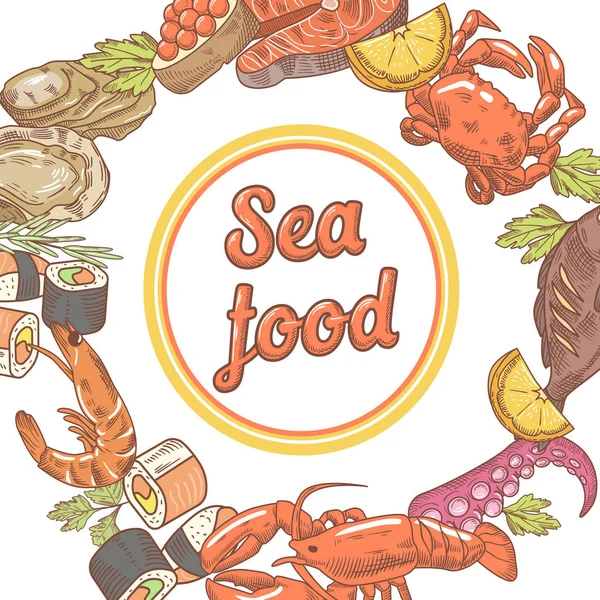 Diseño de menú de restaurante Sea Food. Ilustración vectorial dibujada a mano de peces, cangrejos y ostras — Archivo Imágenes Vectoriales