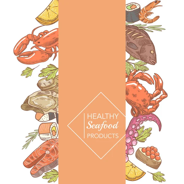 Menù design ristorante brochure. Frutti di mare pescati a mano con polpo di salmone e ostriche. Illustrazione vettoriale — Vettoriale Stock