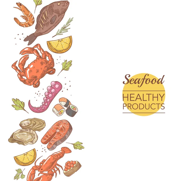 シーフード健康製品レストランのメニュー テンプレートです。魚、カニと牡蠣手描きベクトル イラスト — ストックベクタ