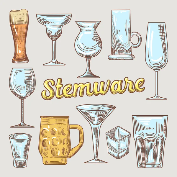 Vasos hechos a mano de Stemware. Diferentes vasos para bebidas. Vector Doodle — Vector de stock