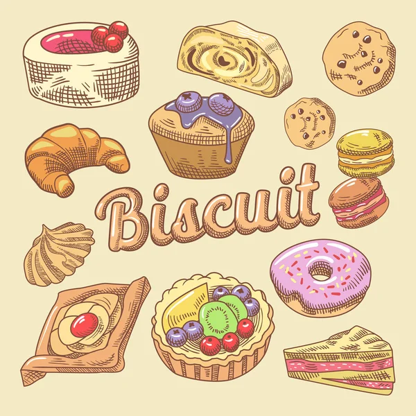 Dolce cibo disegnato a mano Doodle con Cupcake, Croissant e Macaroon. Set di torte da forno. Illustrazione vettoriale — Vettoriale Stock