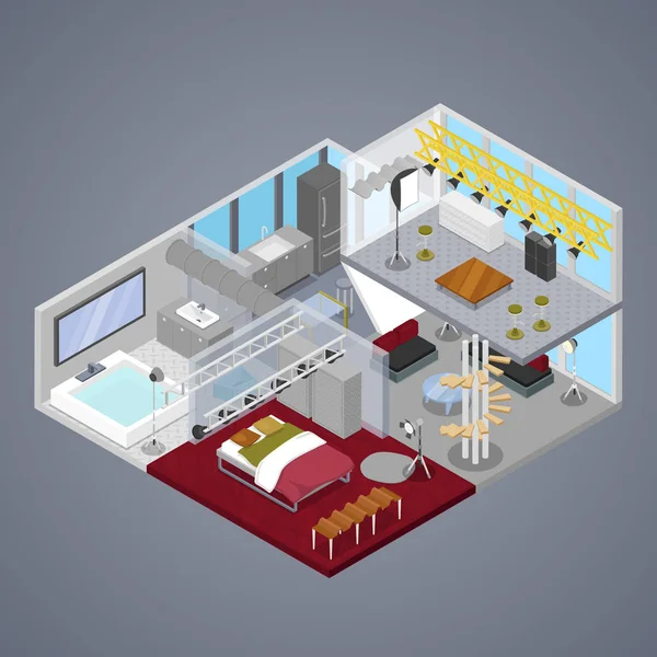 Moderno apartamento dúplex interior con sala de estar y baño. Ilustración Isométrica vector plano 3d — Vector de stock