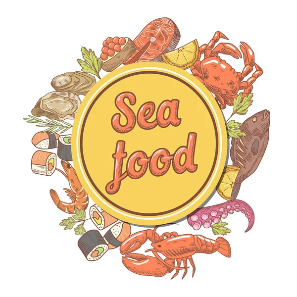 Diseño de mariscos con plantilla de menú de cangrejo de pescado y langosta. Ilustración vectorial dibujada a mano — Archivo Imágenes Vectoriales