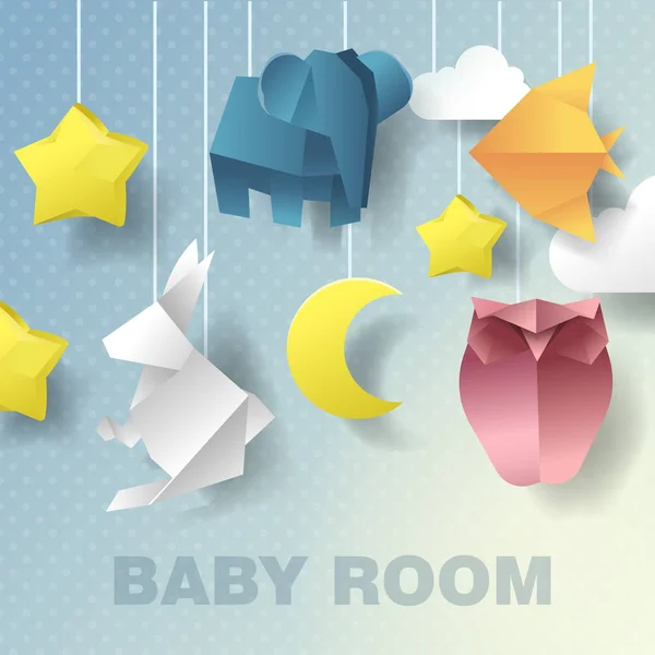 Baby mobiele kamer decoratie. Baby Shower Uitnodiging. Papier knippen uit vectorillustratie — Stockvector