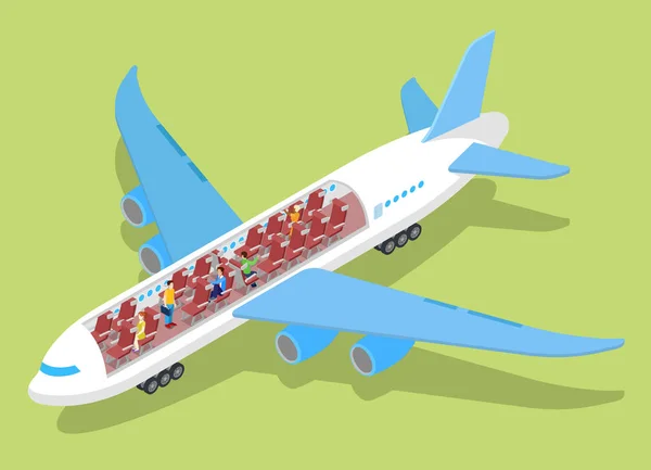 Αέρα εσωτερικό αεροπλάνο με επιβάτες. Ισομετρική διάνυσμα επίπεδη 3d απεικόνιση — Διανυσματικό Αρχείο