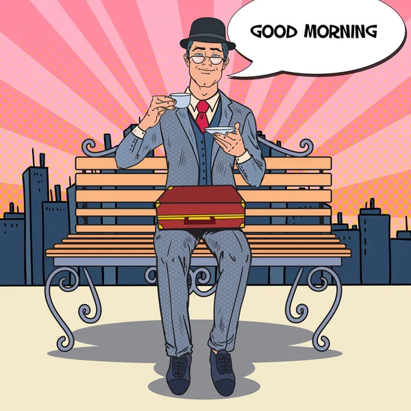 Pop Art Businessman Bere il tè al mattino in città. Pausa caffè. Illustrazione vettoriale — Vettoriale Stock