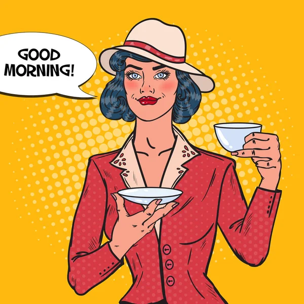 Bella donna che beve tè del mattino nel caffè. Pausa caffè. Illustrazione vettoriale Pop Art — Vettoriale Stock