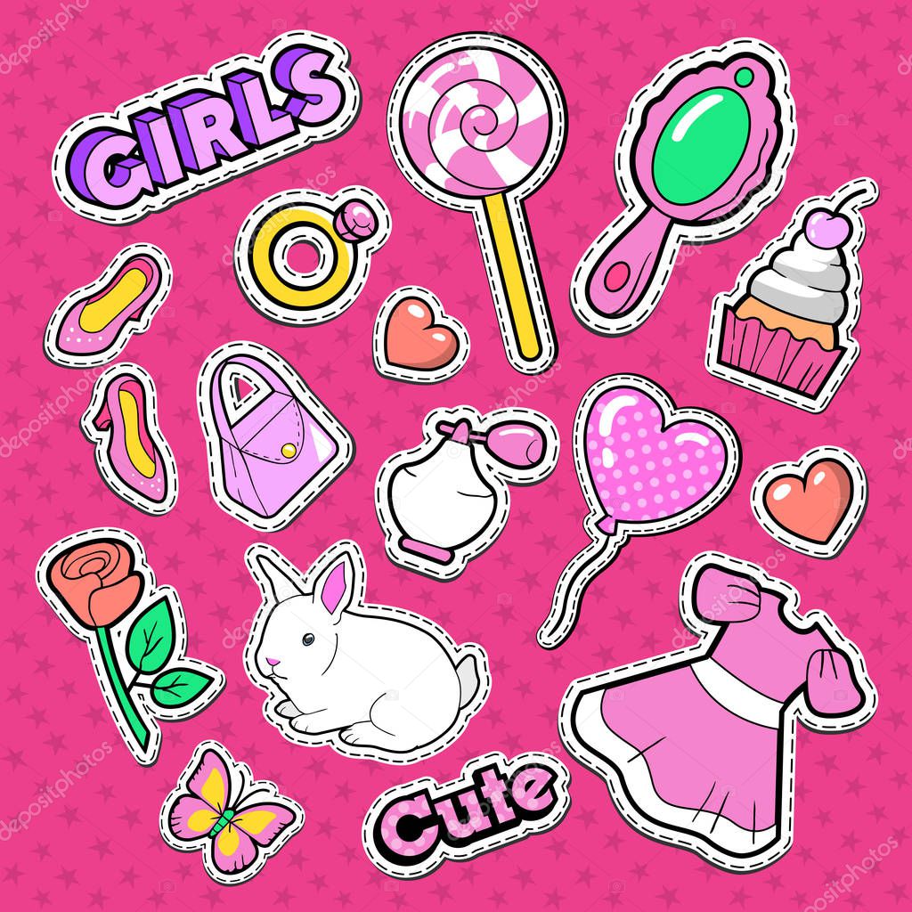 Cute Girl Fashion Stickers, Patches and Badges. Girlish Doodle with Hearts, Sweets and Cosmetics. Vector illustration
