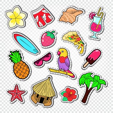 Merhaba yaz Doodle. Beach Tatil çıkartmalar, rozetleri ve yamalar palmiye ağacı, papağan ve sörf ile. Vektör çizim