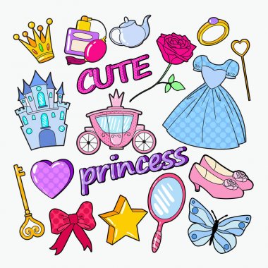 Küçük Prenses Doodle Castle, taç ve Star. Sevimli kız öğeleri. Vektör çizim