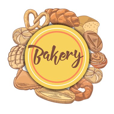Taze ekmek ve somun ile unlu elle çizilmiş arka plan. Vektör çizim