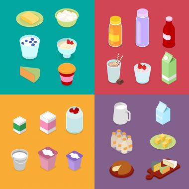 Süt sanayi üretimi. Süt ürünleri süt şişesi, krem, peynir ile. İzometrik vektör düz 3d çizim