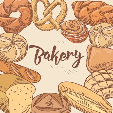 Farklı taze ekmek ve somun ekmek elle çizilmiş tasarımı. Vektör çizim