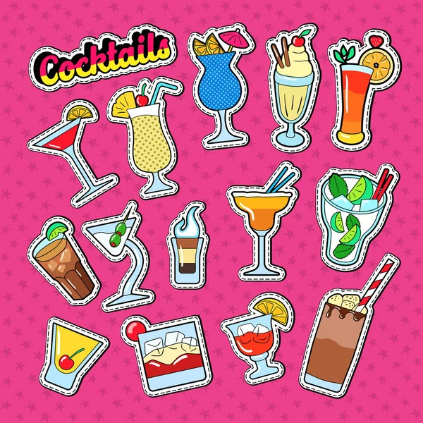 Cocktail Doodle con bevande diverse. Adesivi, badge e patch con bevande. Illustrazione vettoriale — Vettoriale Stock