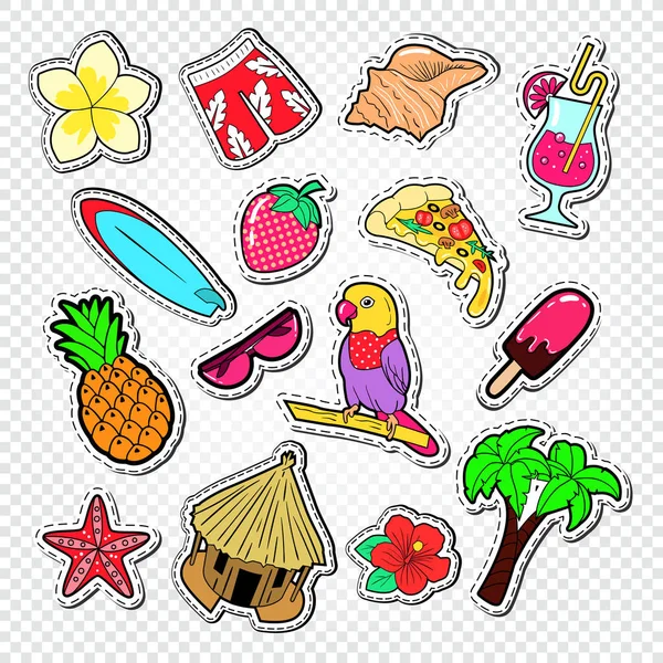 Dobrý den, v létě Doodle. Pláž dovolená samolepky, odznaky a opravy s palmou, papoušek a surfovat. Vektorové ilustrace — Stockový vektor